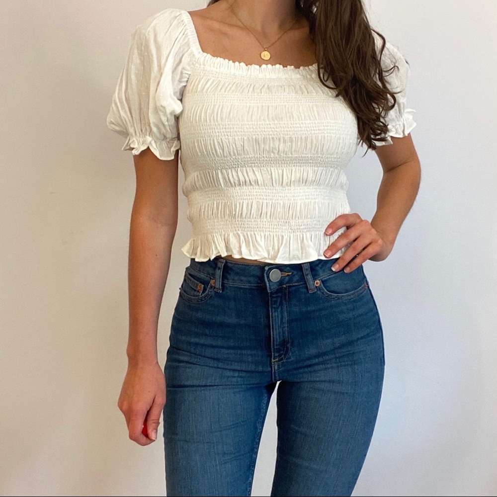 White Textured Smocked Top With Puff Sleeves - Picture 6 of 6